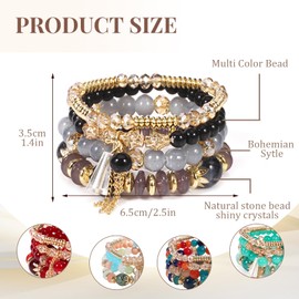 XSDSLS Pack of 4 Women's Crystal Beads Bracelet Boho Stretch Beads Bracelets Multilayer Stackable Tassels Bracelet Fashion Jewellery Bracelet Women for Women Girls Gift, Pearl, alloy, glazed stone,