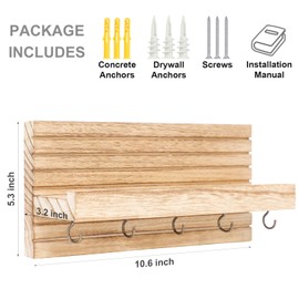 Lwenki Decorative Key Holder for Wall with Shelf, Entryway Shelf with Hooks Holds Leashes, Jackets and Glasses – Sturdy Wood Keyholder Entrance Hanger with Mounting Hardware (Wood)