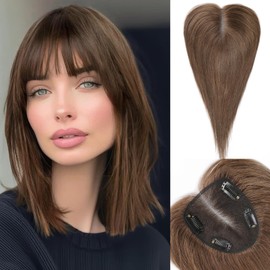 starluck Hair Toppers for Women Real Human Hair With Bangs, 100% Remy Human Hair Toppers for Women Hand-woven with Thinning Hair,Cover Gray Hair Roots,Adds Hair Volume,Brown