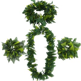DEARMAMY 4 in 1 Green Hawaiian Party Garland Artificial Leaves Headband Lifelike Leaves Necklace Loop Bracelet Tropical Fern Leaf Headband Necklaces for Hawaii Beach Pool Hula Dance Luau