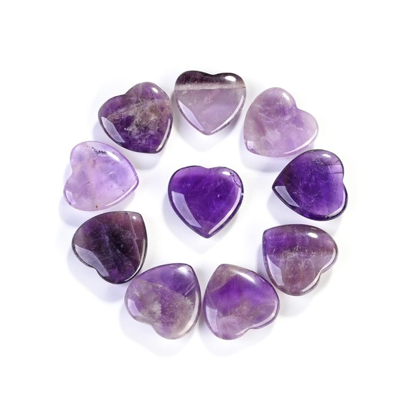 CrystalTears Heart Stone Amethyst Heart Stones 20 mm Heart-Shaped Worry Stone Carved Heart Stone Thumb Stone Crystal Healing Stone Lucky Charm Pack of 10