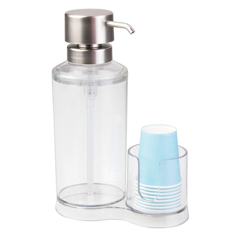 iDesign Mouthwash Dispenser Pump with Attached Paper Cup Holder Caddy,