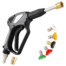 Short Pressure Washer Gun with Swivel,5000 PSI Max, 3/8" Plug & 1/4" Quick Connect Outlet, Power Washer Gun Compatible with Foam Cannon for Car Wash, 5 Spray Nozzle Tips, M22 14mm Fitting