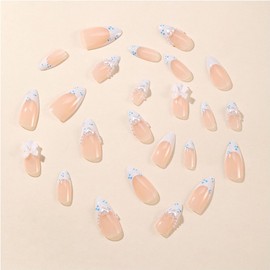 French Tip Press On Nails - Almond Medium Nude White Glossy Artificial Acrylic Nails with Bow Charms Pearls Designs - Full Cover Glue On - 24 Pcs