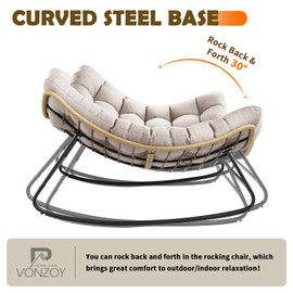 VONZOY Outdoor Rocking Chair, Indoor Papasan Chair, Oversized Egg Rocking Chair with Thick Cushion, Rattan Wicker Rocker Lounge Chair for Bedroom, Living Room, Patio, Garden, Porch (Beige)