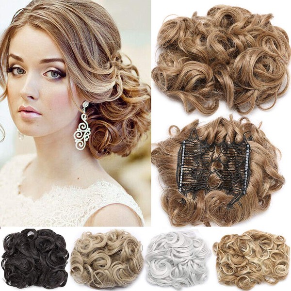 Short Messy Curly Dish Hair Bun Extension Easy Stretch hair Combs Clip in Ponytail Extension Scrunchie Chignon Tray Ponytail Hairpieces Light Brown Blonde Highlight