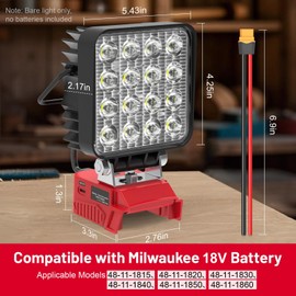 48W 4800LM LED Work Light Compatible with Milwaukee 18V Battery, Cordless Floodlight with 2 USB, 1 Type-C Port, Upgraded LED Light Low Voltage Protection Outdoor Lighting Adjustable 140°
