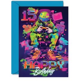 15th Birthday Cards for Girls Boys - Video Gamer Game - Happy 15 Birthday Card for Son Daughter Nephew Niece Grandson, A5 Fifteen Fifteenth Bday Greeting Cards
