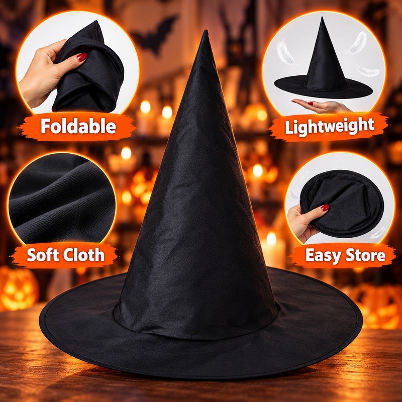 Black Witch Hat for Halloween Costumes – Foldable Cloth Wizard