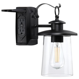 Revtronic Outdoor Wall Lantern with GFCI Outlet - Waterproof Exterior Light Fixture with Clear Glass Shade, Modern Farmhouse Wall Sconce for Porch, Front Door - Matte Black