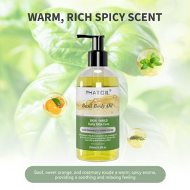 PHATOIL Basil Body Oil with Pump, 260 ml (8.8 fl.oz) Multi-Purpose Massage Oil Body Oils, Blends of Natural Plant Oils and Essential Oils, Great for Skin Care