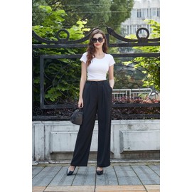 Tronjori Women High Waist Casual Straight Leg Long Business Work Suit Dress Pants Wide Leg Trousers Regular Waistband(10, Black)