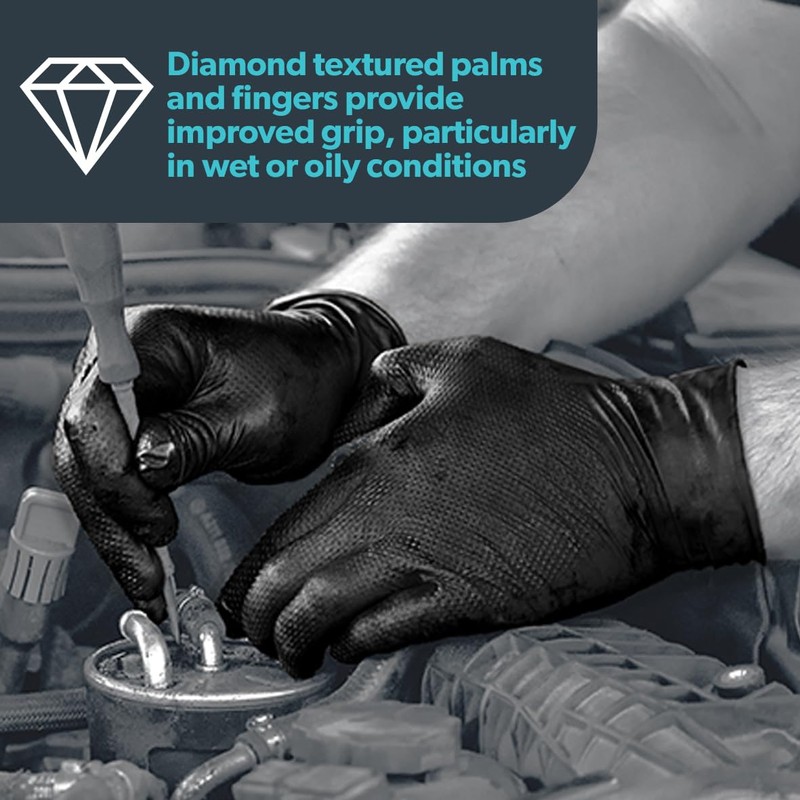 UNIGLOVES PRO.TECT Black Diamond HD, Nitrile Disposable Gloves, Beaded Cuff,