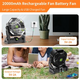 TDLOL Battery Powered Fan,20000mAh Camping Essentials Rechargeable Cordless Camping Fan with LED Light & Hook，270° Pivot USB Table Battery Operated for Tent Black X26