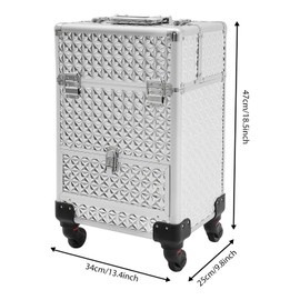Fichiouy Rolling Makeup Train Case with Wheels & Telescopic Handle,Lockable Drawer,Rolling Makeup Case Trolley Cosmetic Organizer,for Hair Stylist, Makeup Artist (Silver)