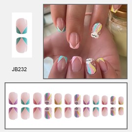 FOXIIU Press on Nails Square Short French Glossy Full Cover Acrylic Short Square Shaped Cute False Nails with Rabbit Designs Artificial Fake Nails with Glue Stick on Fingernails for Women