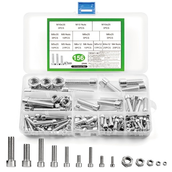 M4 M5 M6 M8 M10 Screws Set, 156 Pieces Stainless