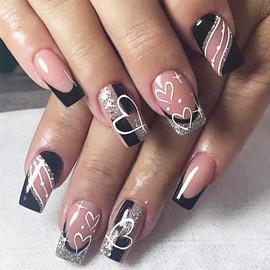 24Pcs French Tips Press on Nails Medium Square Valentines Fake Nails Black Heart Glitter Design Full Cover False Nails Glossy Glue on Nails Valentines Day Stick on Nails for Women Acrylic Manicure