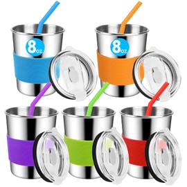 Yummy Sam 8oz Kids Stainless Steel Cups with Silicone Straws and Lids, 235ml Small Size Spill-proof Metal Tumblers for Kids, Toddler Cups with Heat-insulated Sleeves 5 Pack