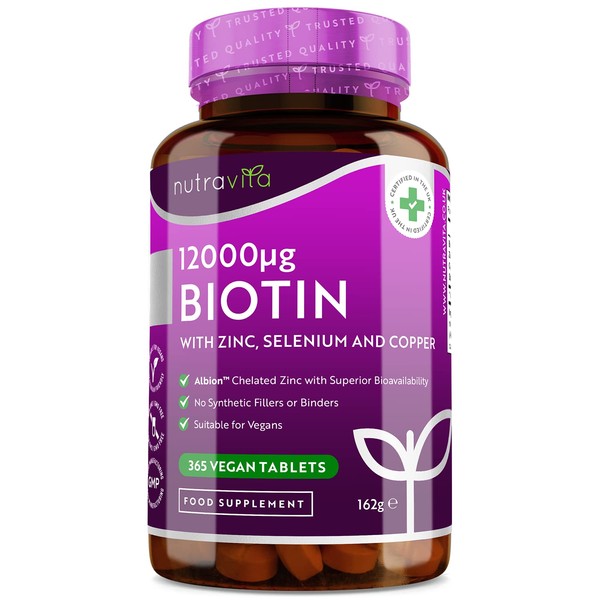 Biotin Hair Growth Supplement 12,000mcg with Zinc, Selenium & Copper - Full Year Supply 365 Vegan High Strength Biotin Tablets for Hair - Supports Hair, Skin & Nail Growth - Hair Growth - Nutravita