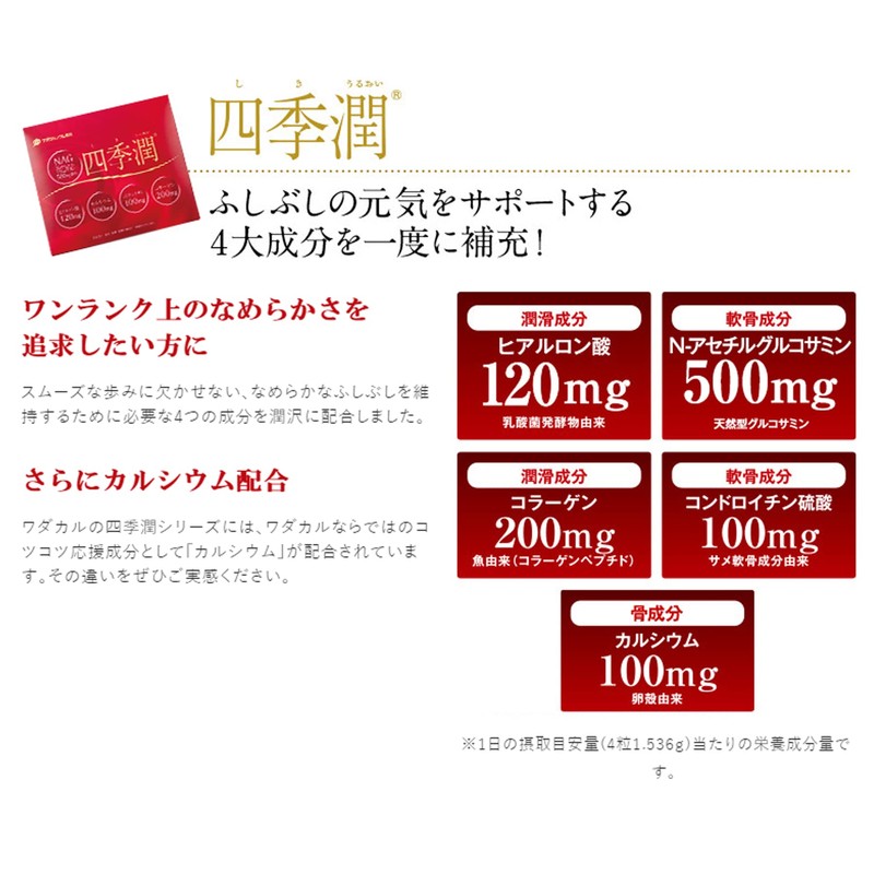 四季潤 グルコサミン コンドロイチン ヒアルロン酸 マルチサプリ 120粒 ワダカルシウム製薬 (新パッケージ)