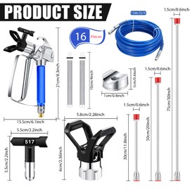 16 Pieces Paint Sprayer Hose Set, Airless Paint Sprayer Hose Kit with Spray Gun 5 Reversible Nozzles 1 Hand Tight Tip Guard 3 Airless Sprayer Head Extensions 5 Airless Spray Gun Mesh Filters (Black)