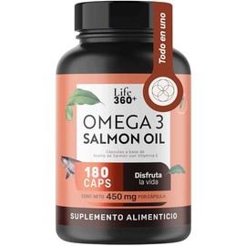 LIFE 360+ Omega 3 | 180 Cápsulas | Aceite Puro de Salmón con DHA y EPA Vitamina E (Dl-a-tocoferol)| Ingredientes Naturales | Salmon Oil | 450 Miligram