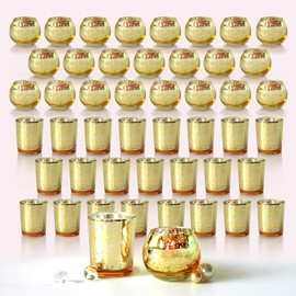 48pcs Assorted Gold Votive Candle Holders Bulk for Table Centerpieces,Mercury Glass Candle Holder for Tea Lights,Wedding Decorations, Christmas/Diwali Decorations for Home,Gold Party Supplies