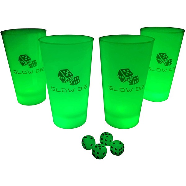 Glow Die - Glow in The Dark Beer Die or Snappa Drinking Game Complete Set with 4 Cups and 4 Dice