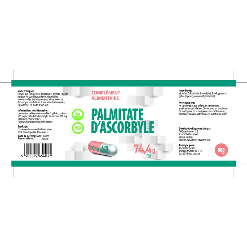 Ascorbyl Palmitate 500mg 120 Vegan Capsules, 3rd Party Lab Tested,