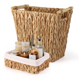 XLHOMO Wicker Storage Basket 3.5Gallon Wicker Trash Can, Waterproof Wicker Basket Handwoven Brown Wicker Basket Narrow Small Trash Can with Wicker Storage Basket for Bathroom, Bedroom, Office