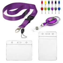 Lanyard with Card Holder 4pc Set Includes 1 Detachable Safety Breakaway Lanyard 1 Retractable YoYo Reel Clip 2 Clear Waterproof Identification ID Badge Double Sided Plastic Identity Pouches (Purple)