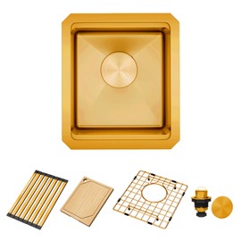 YetCrest 13 Gold Undermount Kitchen Sink,13x15 Inch Gold Stainless Steel Single Bowl Bar Sinks Undermount Bar Sink Workstation Ledge, Under Counter Kitchen Sinks Basin