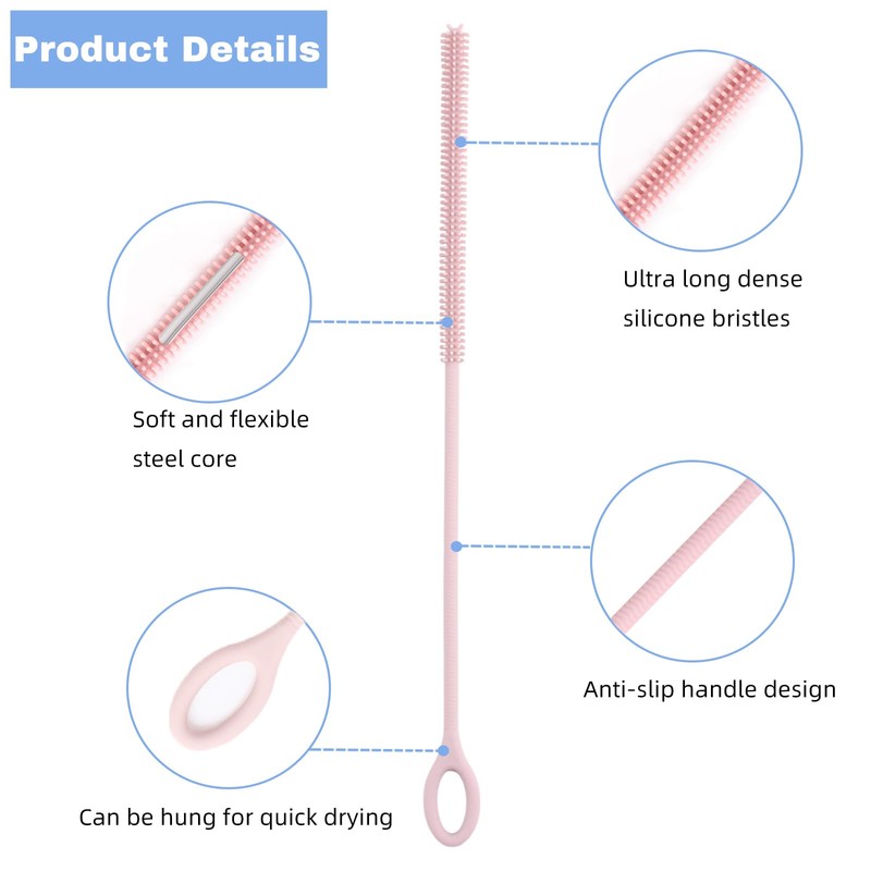 4Pcs Reusable Silicone Straw Cleaner Brush Extra Long, Soft Bendable,