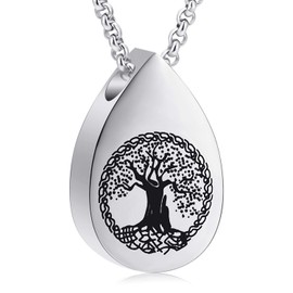 Hearbeingt Teardrop Urn Necklaces for Ashes Tree of Life Memorial Ashes Lockets, Cremation Jewelry Keepsake Pendant for Ashes for Women for Men(Silver)