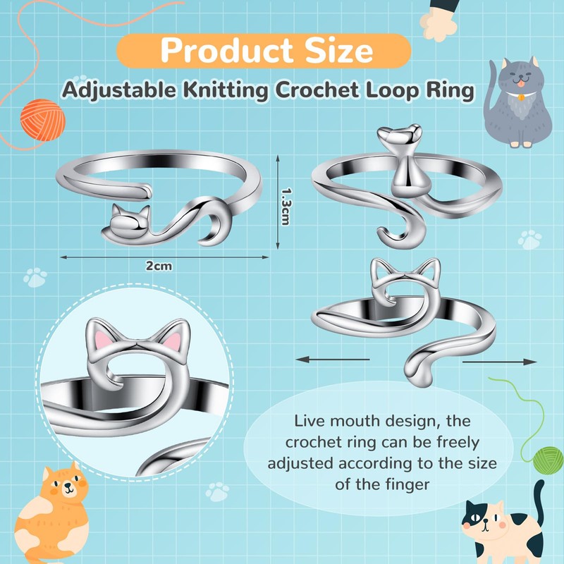 MARFOREVER 5 Pcs Crochet Rings Cat Crochet Tension Ring, Adjustable