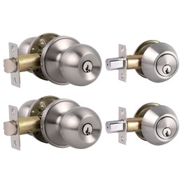 2 Pack Entry Door Knobs with Double Cylinder Deadbolt, Same Keys One Keyway Door Handlesets, Satin Nickel Finish-Keyed on Both Side