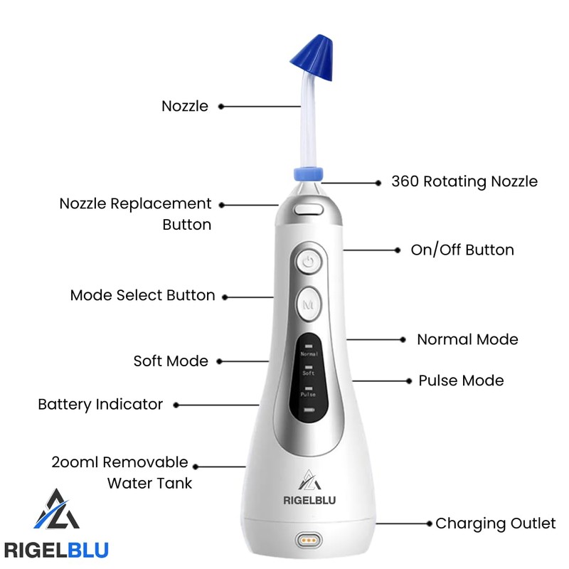 RIGELBLU Cordless Nasal Irrigator Electric Sinus Rinse Kit with 3