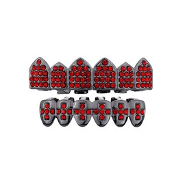 Rhinestone Teeth Grillz Pave CZ 6 Teeth Top Buttom for Women Men Unisex Crystal Red Green Black Cubic Zirconia Statement Tooth Fangs Cap Funny Grill Cosplay Party Prom Mouth Jewelry Gifts (Black Red)