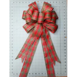 Unbranded Christmas Bow, Wreath Bow, Red Satin w Red/Green/Gold Plaid, Size Med/Large