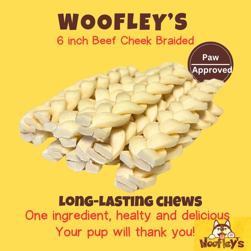 Woofley's 6" Buffalo Beef Cheek Braids Regular - (50 Count)-