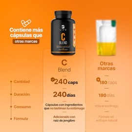 Vitamina C + Jengibre de 240 Cápsulas Marca B Life. Ingredientes 100% naturales