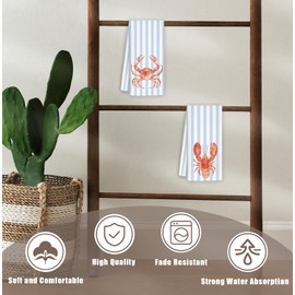 WUCHJ Blue Crab Beach Kitchen Towels Set of 2, Nautical Coastal Striped Hand Towels for Bathroom, Blue Summer Beach Decorative Dish Tea Towels, Seafood Boil Party Supplies, 16x24 Inch