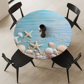 Eizlang Sea Shells Starfish Wood Texture Round Outdoor Tablecloth Elastic Waterproof Tablecloth for 36"-42" Tables Rustic Wooden Grain Table Cover for Party Holiday Dining Room Kitchen Indoor