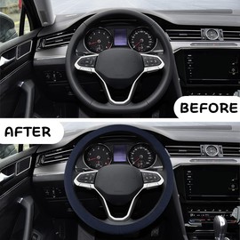 JNNJ Universal Car Steering Wheel Cover, Breathable Microfibre Ice Silk Steering Wheel Cover, Elastic Steering Wheel Cover Without Inner Ring for Women (Dark Blue)