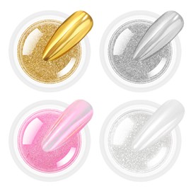 BISHENGYF Chrome Nail Powder – 4 Farben Metallic-Gold-Silber-Spiegeleffekt Crome Pulver NäGel, WeißE Perle Chrome Powder Nails Pink Irisierendes Meerjungfrau-Glitzerstaub-Set, Nagelkunst-Dekoration