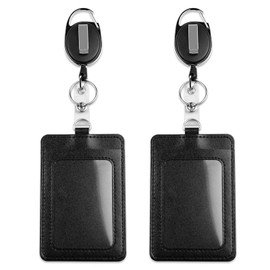 2-Pack PU Leather Vertical ID Badge Holders with Heavy Duty Retractable Reel Clips – Clear Window & 2 Card Slots (Black)