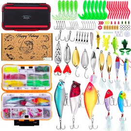 Fishing Lures Kit, Tackle Box with Tackle Included Fishing Gifts for Men Dad, Stocking Stuffers for Men, Lures & Fishing Gear for Bass Trout 105pcs Black