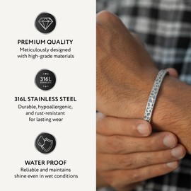 RTZN® Cuff Bracelet for Men – Premium Stainless Steel Mens Bangle Bracelets – Hammered Silver Mens Cuff Bracelet – Minimal Metal Bracelets for Men (Small)