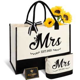 Amosking Mrs 2025 Bride Canvas Tote Bag with Makeup Bag, Wedding Gifts for Bridal Shower Bachelorette Party Engagement Honeymoon, Miss to Mrs, Bride to Be Gifts